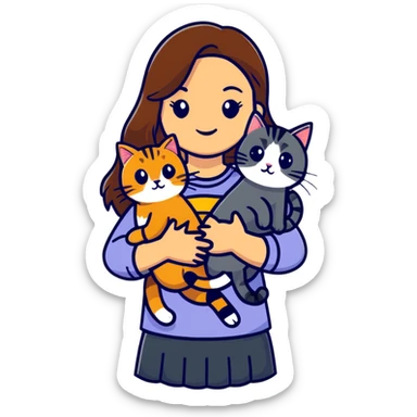 tan girl with long brown hair holding two cats, one black cat and one grey-striped cat sticker