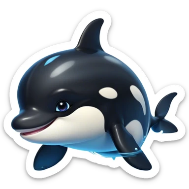 Cinematic Cute orca Portrait Emoji, Head tilted playfully and inquisitively, featuring a smoothly rounded body with bright, sparkling eyes and an adorable, friendly smile, Simplified yet irresistibly adorable features, highly detailed, glowing with a warm, ocean-blue glow, high shine, affectionate and lively, stylized with a touch of whimsical aquatic charm, soft glowing outline, capturing the essence of a mischievous yet endearing orca that seems as if it could leap right into your heart! sticker