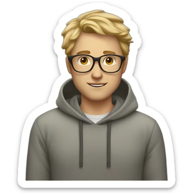 white male heart face dirty blonde tapered hair with clear glasses and hoodie sticker