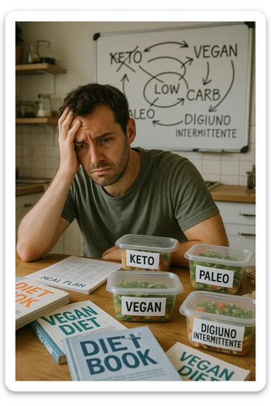 Confused man in his 30s sitting at a kitchen table cluttered with various diet books, meal plans, and food containers labeled keto, vegan, paleo, DIGIUNO INTERMITTENTE. He holds his head with one hand, looking overwhelmed and frustrated. The background shows a whiteboard full of crossed-out diet names and arrows going in circles. Expression: mental fatigue, indecision, information overload. Soft lighting, slight mess to emphasize his struggle. sticker