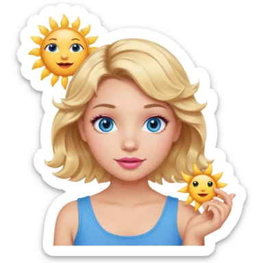 Girl Blonde short wavy hair,  blue eyes, cute blue top, long lashes, pink lips, holding the one sun   sticker