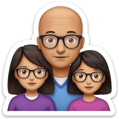 Papà calvo con occhiali, mamma capelli neri occhi marroni no occhiali, figlia capelli marroni mossi e occhiali tartarugati con montatura spessa occhi marroni, figlia capelli lisci marroni occhiali neri con montatura grande e fina occhi marroni  sticker