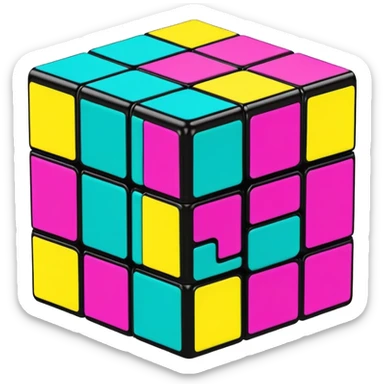 A 3x3 Rubik's Cube with 90s American graffiti-inspired colors, black edges, viewed from an angle, neon yellow, teal, and magenta sticker