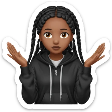 African American dark skin girl with long black box braids wearing a black hoodie with hands together facing out sticker