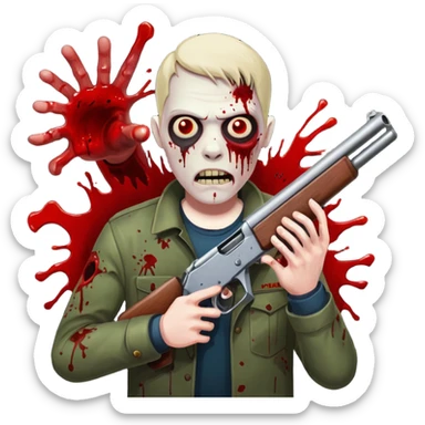 Man in foreground firing shotgun, zombie approaching from front, blood splatter, dark horror, no background












 sticker