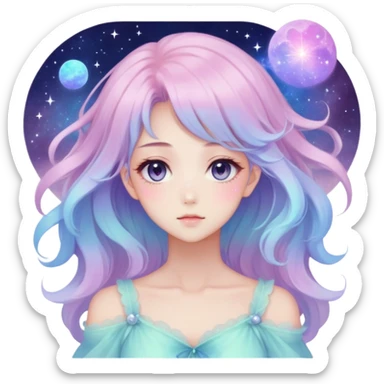 Beautiful gorgeous anime lady with beautiful nebula hair, fashion aesthetic, ethereal, fairycore, pastelcore  sticker