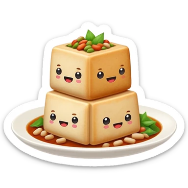 Hakka Stuffed Tofu with five spiced meat filling, simplified emoji style with bold outlines and bright colors, cartoon style unique triangular stuffed bean curd sticker