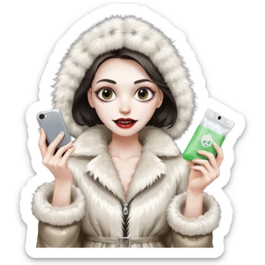 she is wearing a fur coat and has a transparent tiny, small  plastic bag full of white powder, and her phone in the other hand, she has lost so much weight, she looks evil , she has an evil grin sticker