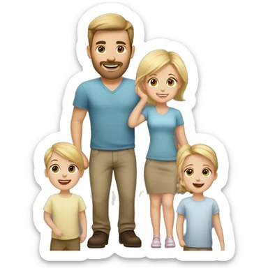 Family of 5. Tall young dad with short brown hair on sides and wave on top. Young blonde mom. Blonde 19 month old daughter. Brown haired 6 month old boy. Brown long haired 3 year old daughter. sticker