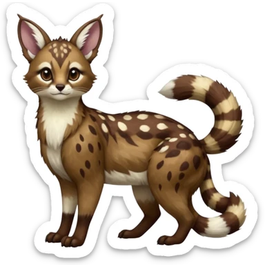 Colorful dark realistic chocolate-brown tropical beige fur glorious divine exotic cute cool beautiful shiny beautiful fantasy-Furret-Eevee-caracal-civet-genet-sergal-vernid-Cacomistle-oncilla-animal-Fakémon-hybrid-fursona with white deer-spots pattern markings (full body) sticker