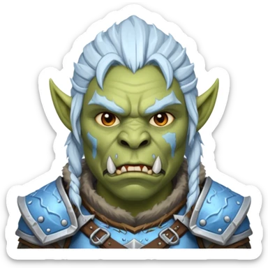 Fantasy Christmas orc portrait icon, frost clan warrior style, winter fur armor, icy details, strong brutal face, snowy battlefield mood, clean emoji style, male/female variant sticker