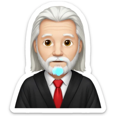 An older man with long white hair and beard, wearing a red tie and black robe sticker