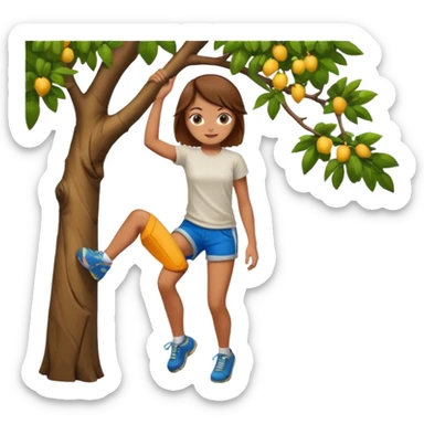 una chica subido de un arbol colgando sticker