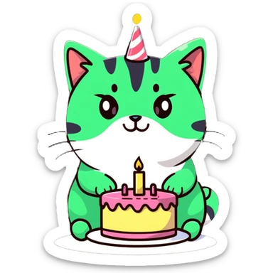 tricolor fluffy cat with big green eyes celebrating her birthday with a cake and champagne sticker