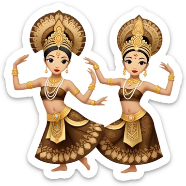 ​Cinematic Realistic Traditional Javanese Dancers, depicted as two graceful dancers in ornate traditional costumes with intricate batik patterns and elaborate headpieces, captured in dynamic poses during a ritual dance in an ancient temple courtyard, rendered with soft golden lighting and rich cultural textures, sticker