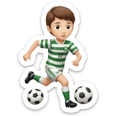 Celtic footballer jersey logo  6 years old brown hair white boy , brown eyes , stripes uniform , RUNNING  with soccer ball # 17 celtic football logo PUT ONLY ONE LOGO sticker