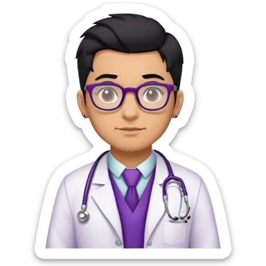 Male doctor tan skin glasses black hair, piercings and tattoos, violet uniform and white bata sticker