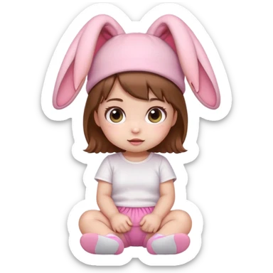 Kawaii baby girl emoji, sitting, brown hair, big eyes, pink bunny ear hat, white t-shirt, pink shorts sticker