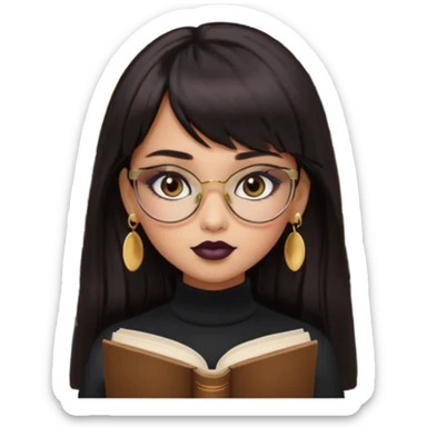 generate a pretty bratz girl with black small square spectacles, dark lipstick, gold stud earrings, black turtleneck , books in hand, dark brown straight long hair with bangs, eyeliner on,  sticker