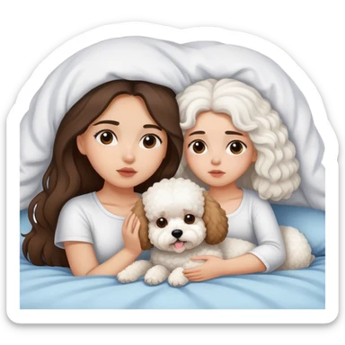 Brunette Long hair girl sick in bed with bichon frise dog sticker