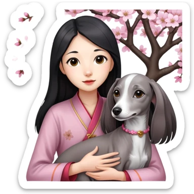 A young Chinese girl with long black hair and a pure grey Italian Greyhound with no white markings sitting under a cherry blossom tree sticker