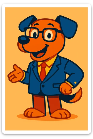 Add glasses to the dog in a suit, cartoon style, playful, colorful, keep background as is. sticker