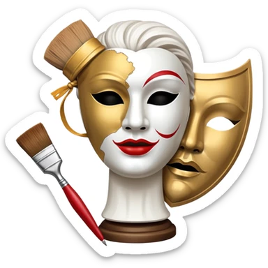 An icon featuring a classical sculpture, a paintbrush, and a theater mask, symbolizing the study of culture and arts. The design includes a world map in the background, representing diverse cultural traditions. Transparent background highlights the exploration of global art and heritage. sticker