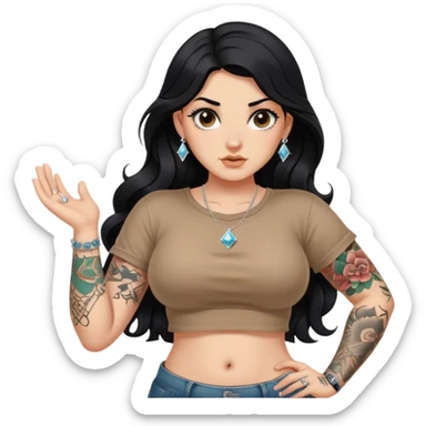 A girl with fair skin and a little fat - long black hair with big waves - tattoos on her arms - wearing a brown navel-revealing short-sleeved shirt - with a diamond navel stud sticker