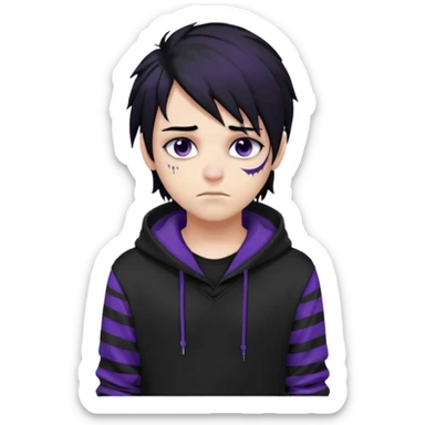emo teen boy with long one-side messy black hair, dark hoodie with white and purple striped sleeves, piercings on his nose, dark eyeshadow sticker