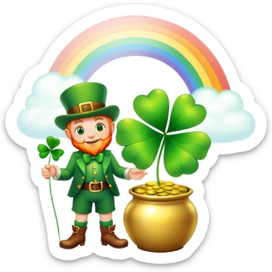 Green shiny four leaf clover with a little leprechaun standing beside the pot of gold with a rainbow  sticker