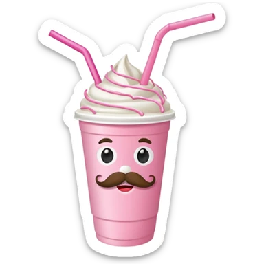 strawberry milkshake in a take-out cup with mustache sticker