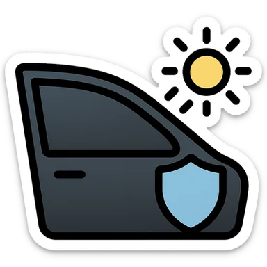luxury car side window icon with dark black to gray gradient, small shield or sunbeam being blocked, subtle shading, modern and clean style, no text sticker