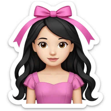 Beautiful girl with long black hair in a half-up half-down hairstyle with pink ribbon tying the top half, waves at the ends, brown eyes, light skin, slight smile, and pink dress sticker