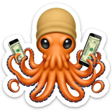 Intimidating octopus with pearl black skin, neon peach colored suction cups. Violent looking octopus is wearing a white balaclava and thick shiny gold necklace. 2 tentacles are holding their own cellphone, 2 more tentacles are holding stacks of money. sticker