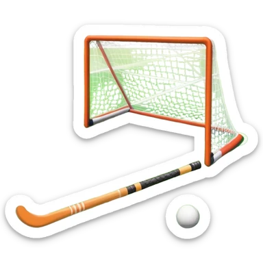 A field hockey stick and ball on a vibrant green grass field, with goalposts and clear field markings in the background. The scene emphasizes the bright, lush grass, highlighting the fast-paced and strategic nature of hockey on a well-maintained pitch. sticker