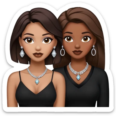 Boujy baddie best friends, trendy heavy makeup both dark hair one light skinned and one mocha brown pretty hair both wearing black and earrings and diamond necklace one mocha brown skin better ones please  sticker