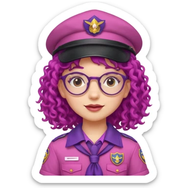 scout girl with very pink scout uniform including hat, purple curly haired and glassess sticker