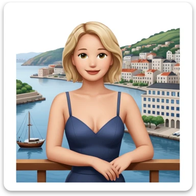 jennifer lawrence, closeup portrait , leaning on a balcony with a harbor and cityscape in the background, smiling sticker