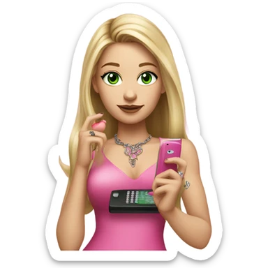 Realistic White girl with Long straight blonde hair, green eyes, tattoos, full body wearing dress and High heels, holding pink phone sticker