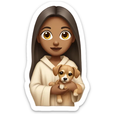 Indian girl with light skin straight hair holding a puppy in a robe sticker