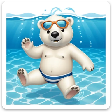 friendly anthropomorphised polar bear swimming in a wide pool scene, wearing striped swim trunks and snorkel gear sticker