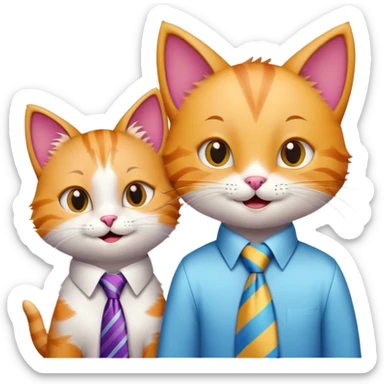 happy girl cat with eyelashes wearing a colorful necktie and happy boy cat wearing a professional necktie standing together side by side, both with cheerful expressions sticker