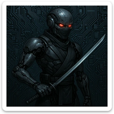 cyber ninja, robotic limbs, red LED eyes, holding a katana, circuit board background sticker
