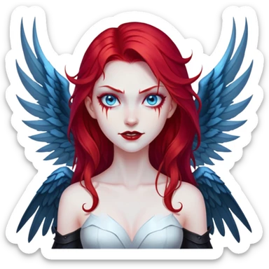 extremely diabolical girl with giant towering wings, blood red hair, glowing blue eyes, black hellfire aura, no horns, evil grin sticker
