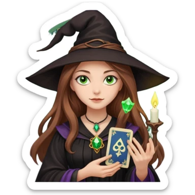 dark witch girl with long light brown hair and green eyes and Tarot cards sticker