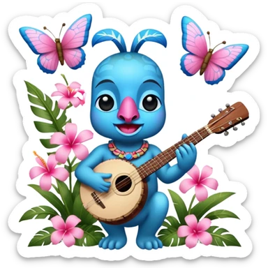 Pixar style little Blue and pink tiki singing with a butterfly, banjo, and tropical flowers, ultra detailed and lifelike imagery, realistic sticker