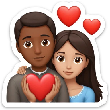 A couple embracing, man with mestizo brown skin and short straight dark brown hair, woman with fair skin and long dark brown hair, with white hearts around them sticker
