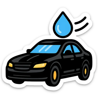 full high-end vehicle icon with glossy black mirror-like paint, water droplet sliding on the hood or roof, subtle repellent effect with water lines moving away, modern and clean style sticker
