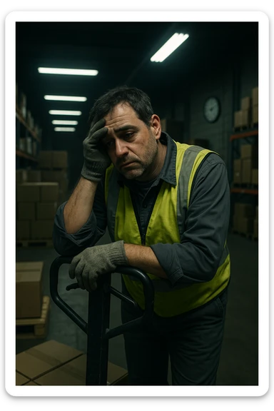 a tired warehouse worker in his 40s, wearing a reflective vest and work gloves, stands under harsh fluorescent lights in a large, dimly lit warehouse. He leans on a pallet jack, eyes heavy with fatigue and dark circles under them. Stacks of boxes and shelves loom in the background, and a wall clock shows it’s the middle of the night. The mood is somber and empathetic. sticker