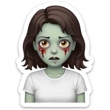zombie girl who has wavy dark brown hair and a white t shirt sticker